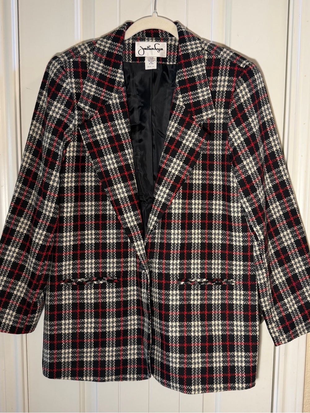 Vintage Jonathan Logan Wool Plaid Blazer Jacket Size 14 Black Ivory Red